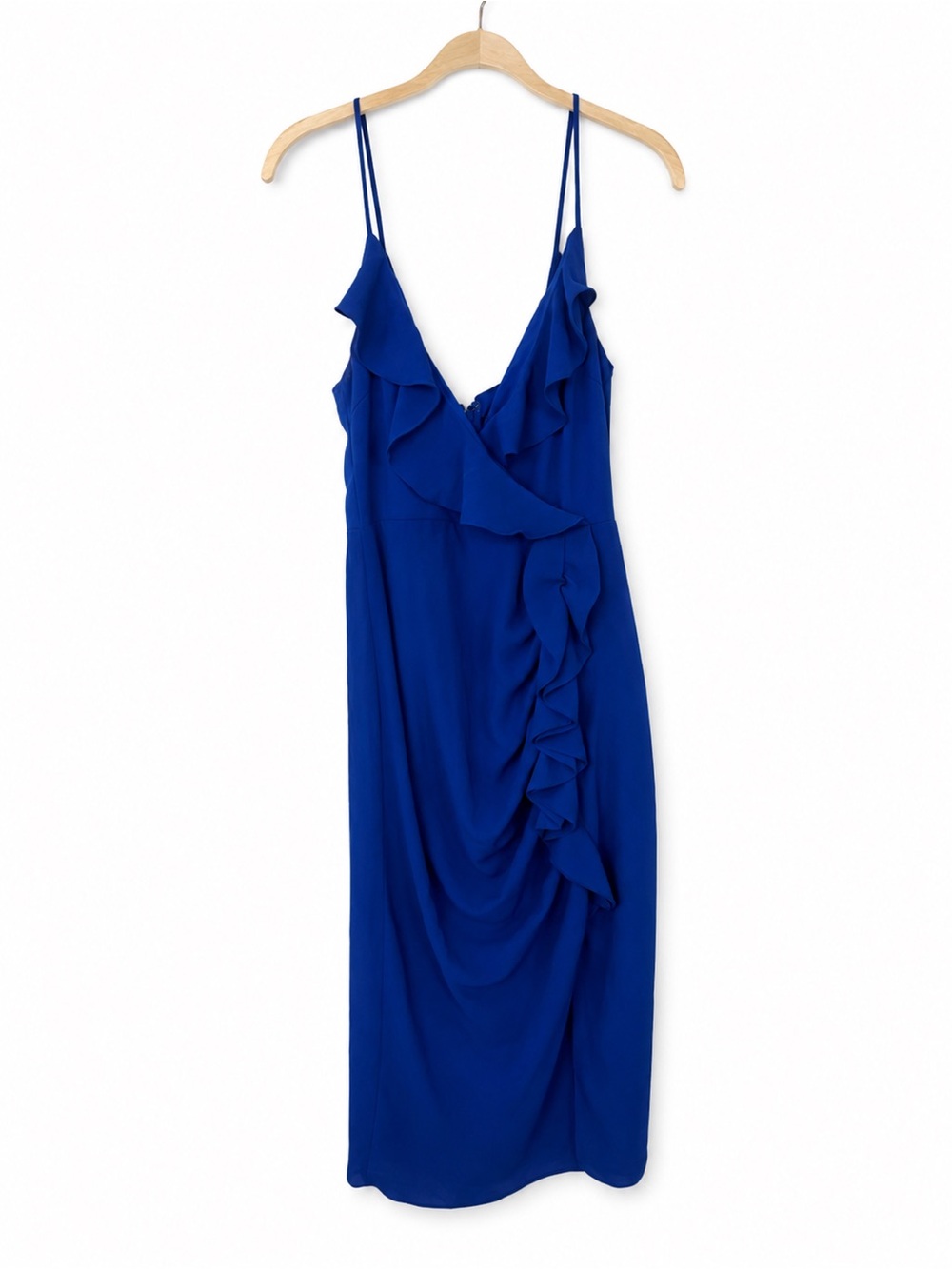 Cobalt Ruffle Midi Slip Dress with Spaghetti Straps